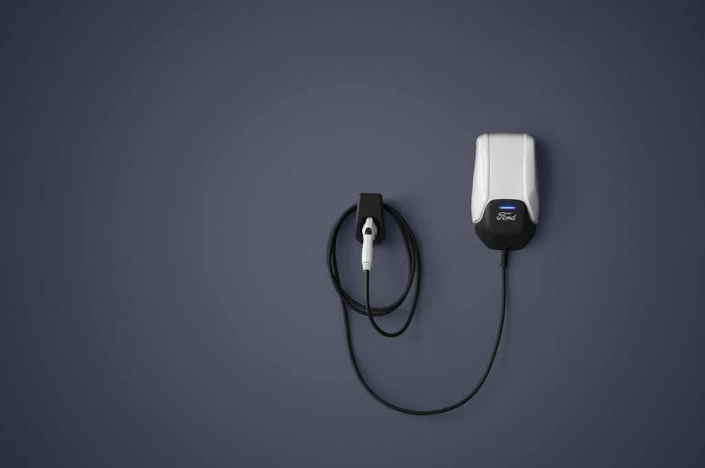 A wall-mounted Ford Connected Charge Station.