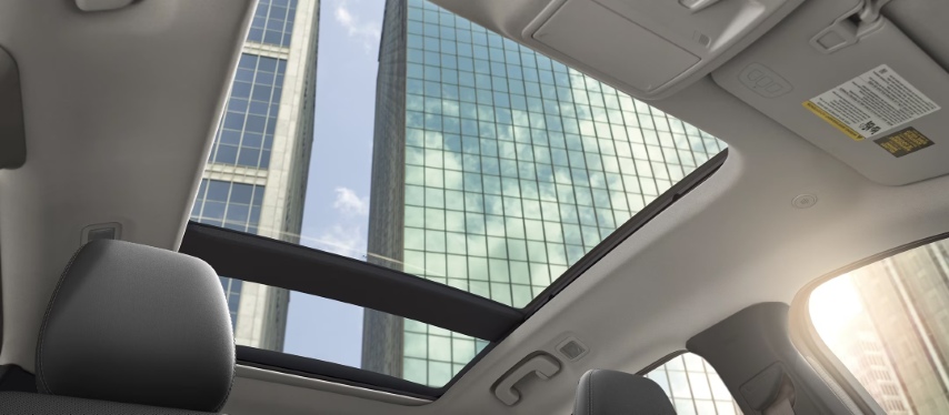  View of city skyscrapers through the moonroof of a 2025 Ford Escape.